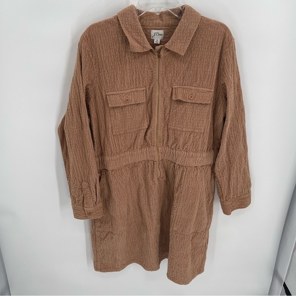 J. Crew Zip-Front Cinched Dress Corduroy Tan Sz 18 Women’s Long Sleeves - Picture 9 of 11